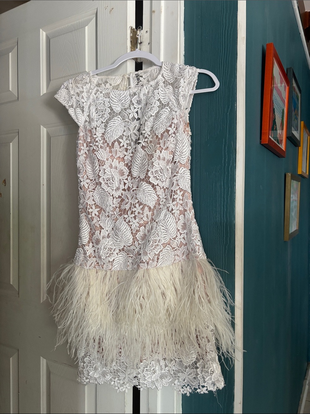 Jovani White Lace Party Dress with Feather Trim